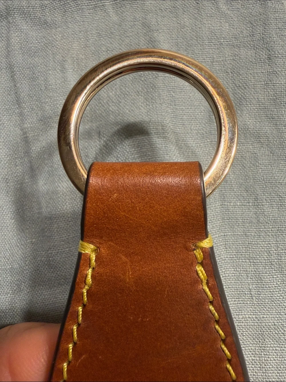 Dooney & Bourke Brown Leather Key Fob Ring with Yellow Stitching